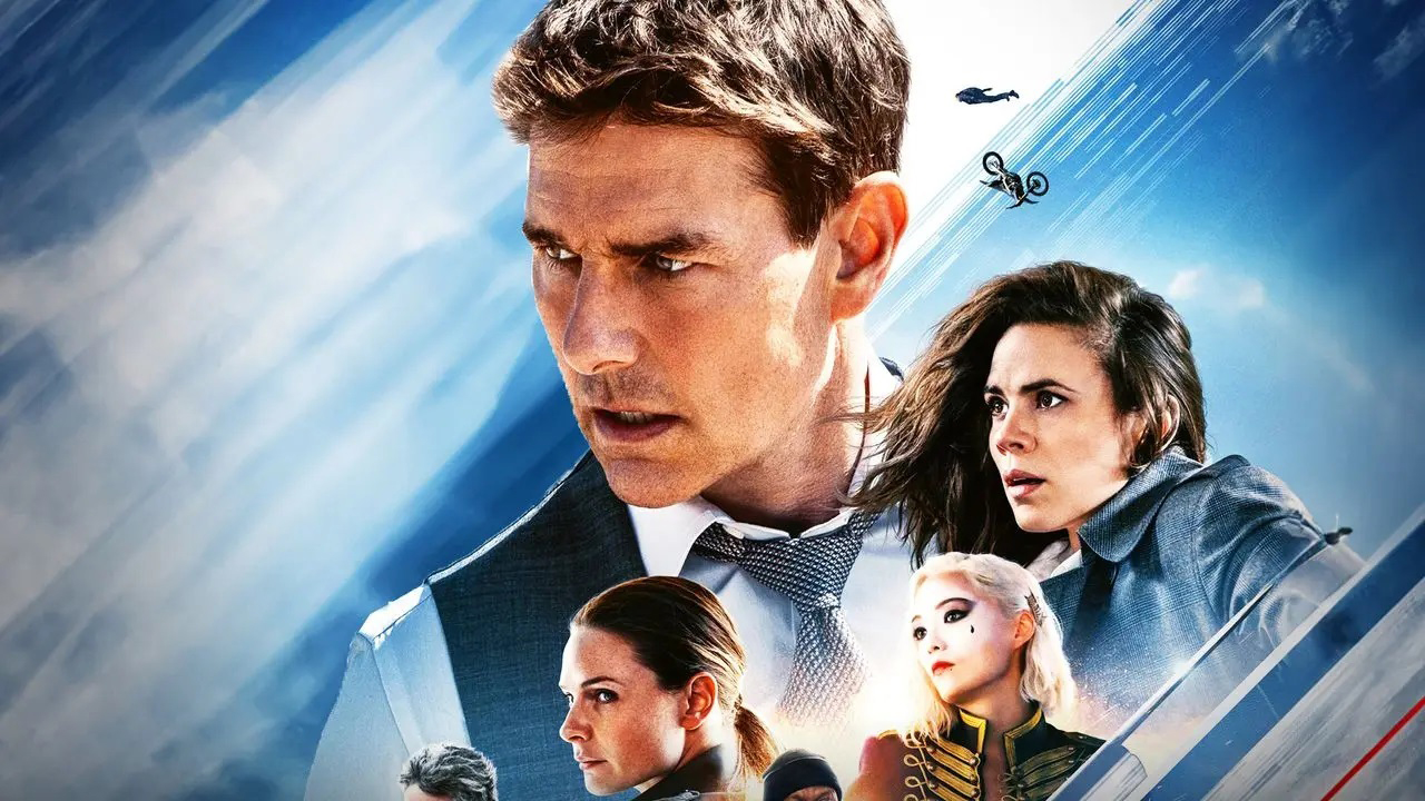 Tom Cruise and co stars look pensively in a movie style poster.
