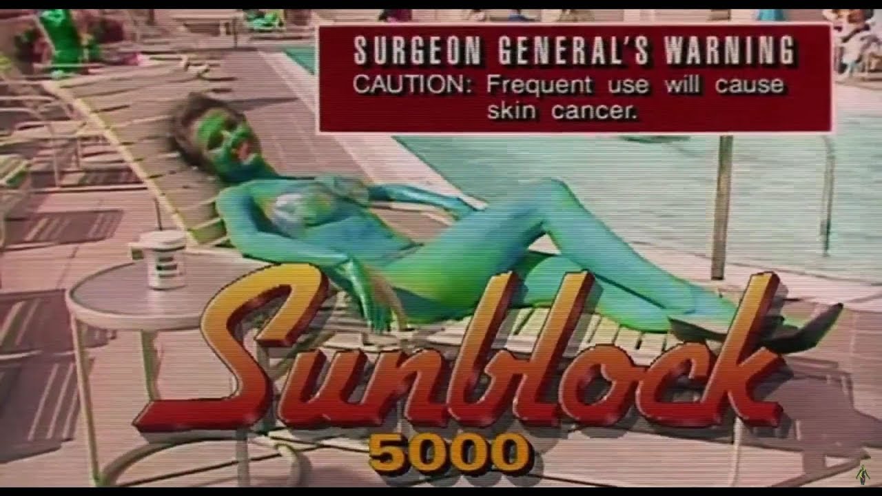 A woman sits on a sunbed covered in a fictional sunblock. The still is taken from the movie RoboCop.