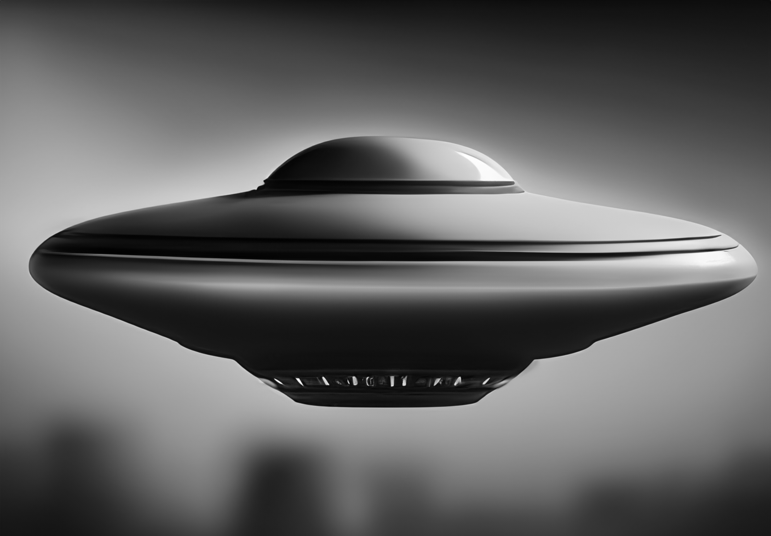 A smooth flying saucer spacecraft in black and white floats in the sky