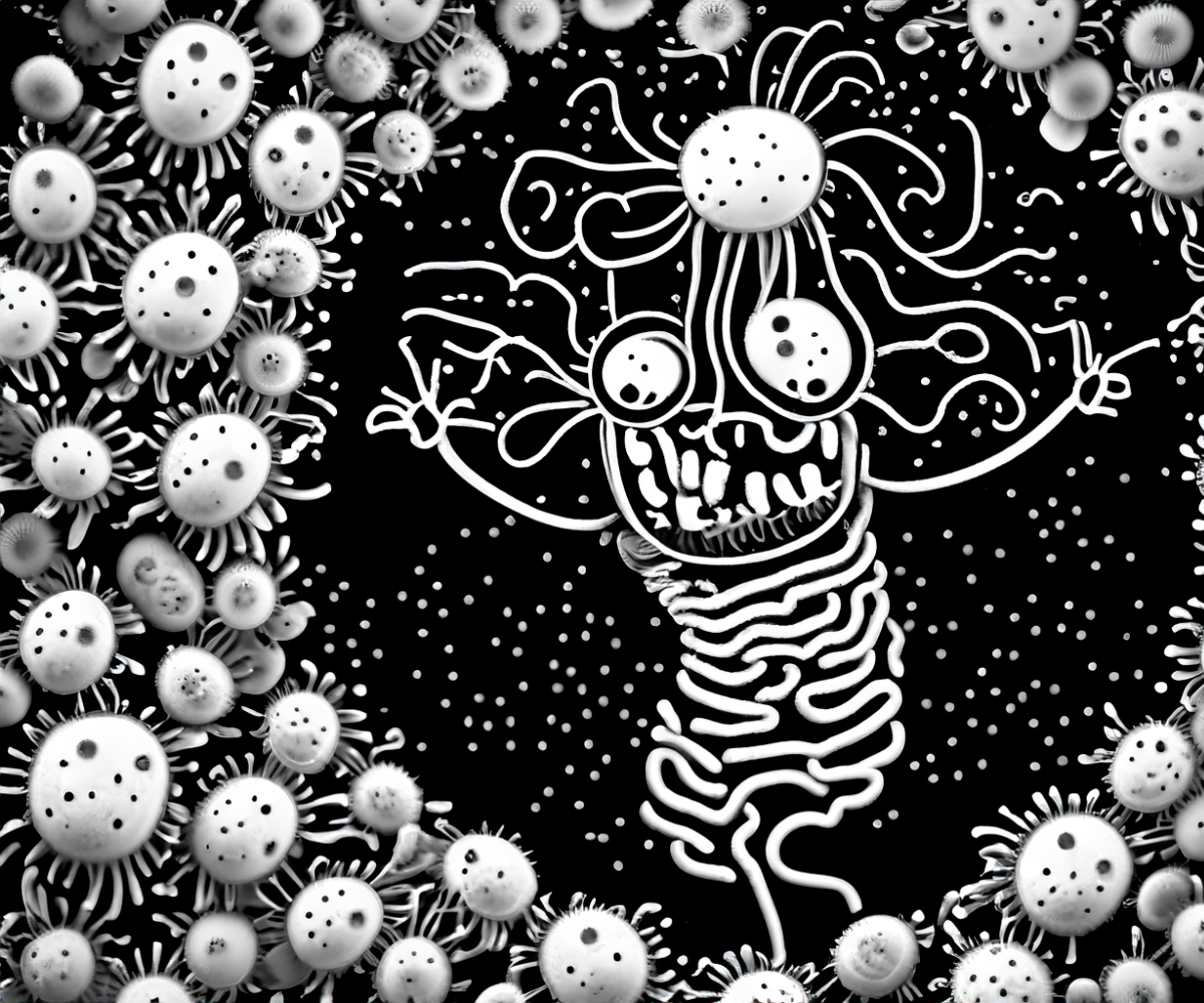 A playful illustration of gut bacteria playing inside our guts. The image is in black and white.