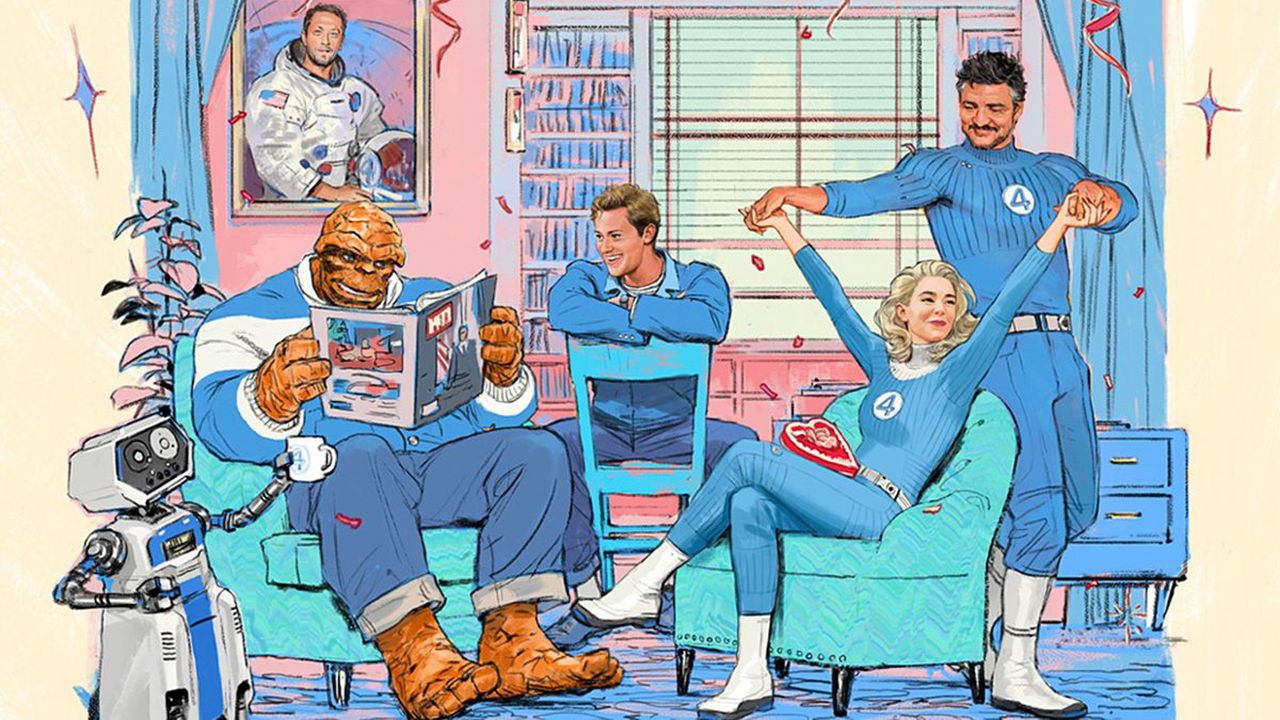 The Fantastic Four team relaxes in their stylish retro-futuristic apartment, wearing their iconic blue superhero suits from the 2025 Marvel movie.