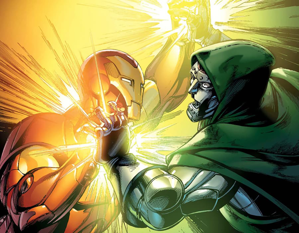 An image of Iron Man clashing with Doctor Doom.
