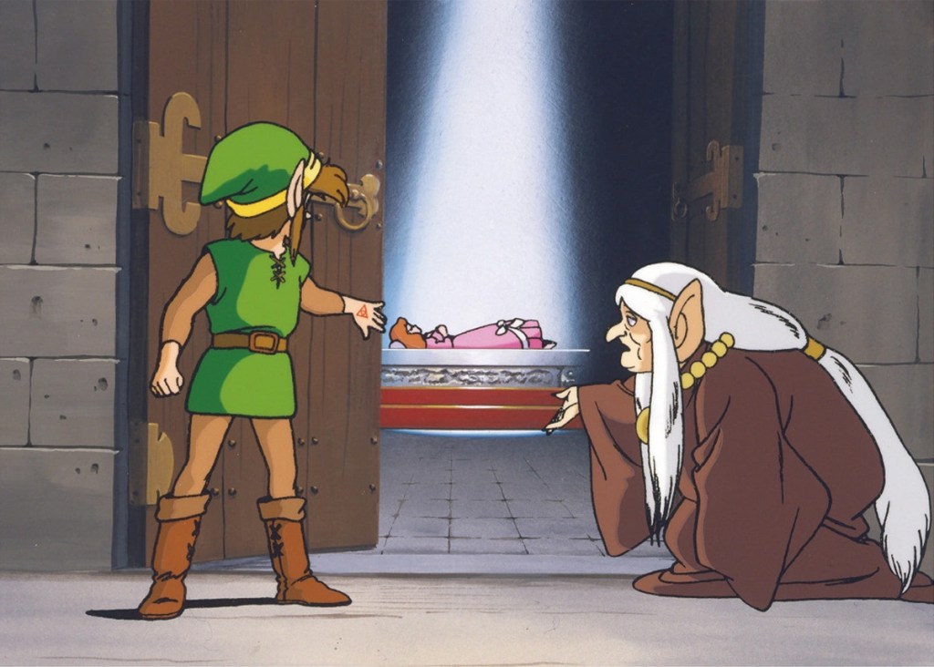 Link gazes at a sleeping Princess Zelda while consulting Impa in a still taken from the game's comic strip.