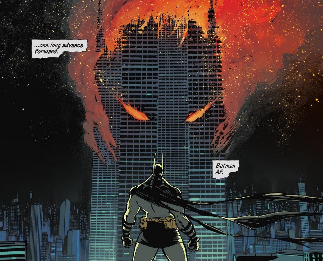 Batman stares into a burning skyscraper.