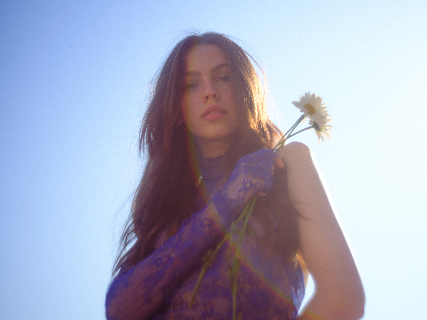 imstillfranci holds a flower against a blue sky on a sunny day.
