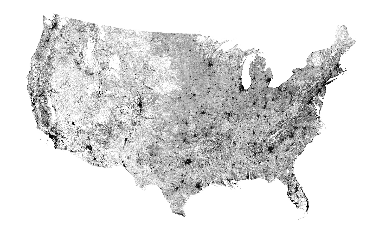 Black-and-white map of the United States highlighting roads and connections.