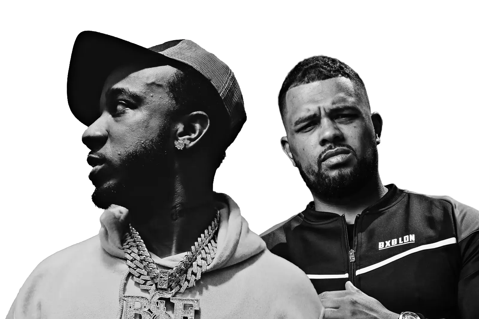 A monochromatic composite of rappers Blade Brown & Benny The Butcher for their new single, "Blue Marlin".