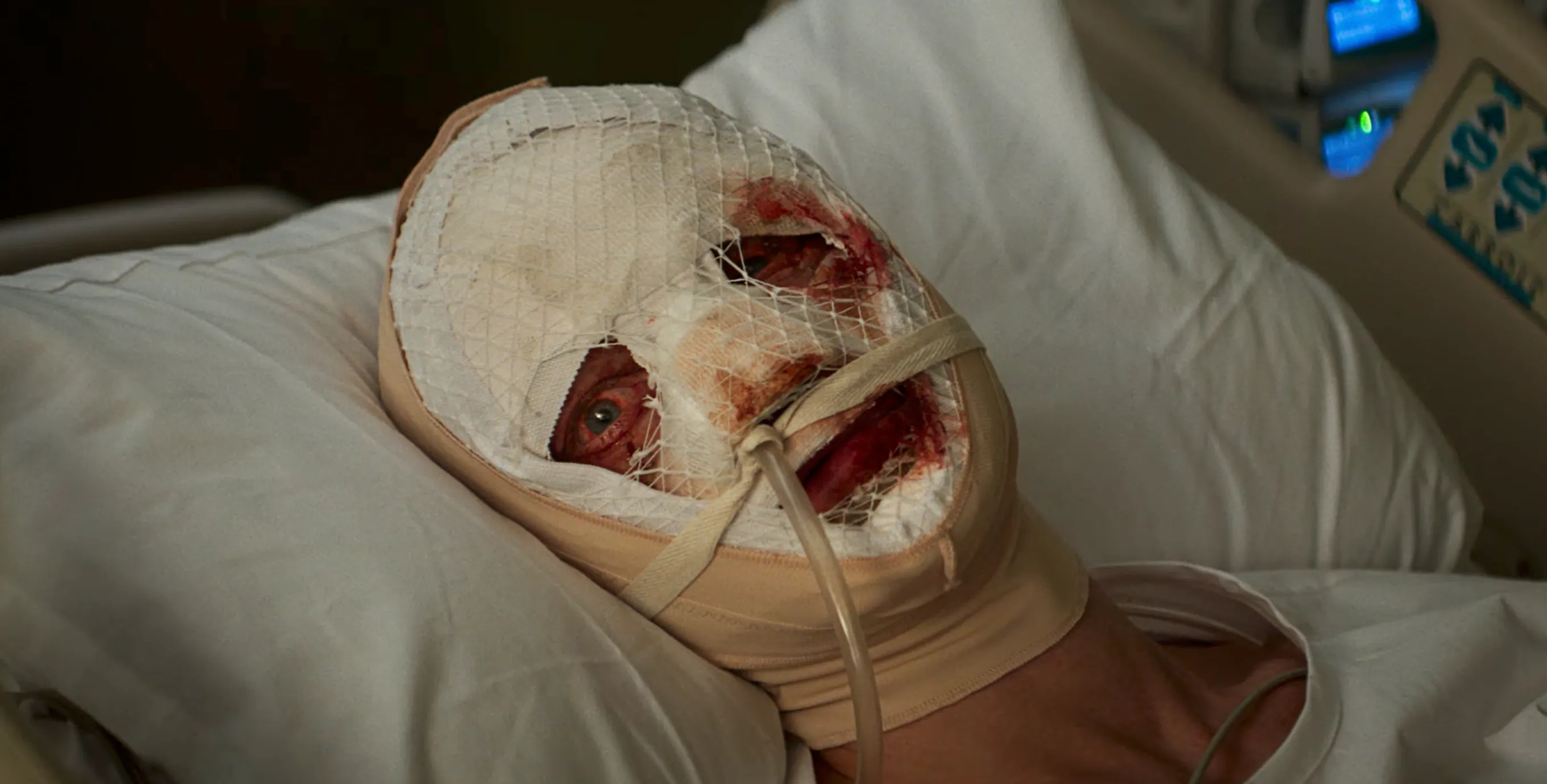 Matt Hagen as Clayface, wrapped in bandages, in a still from the upcoming film directed by James Watkins.