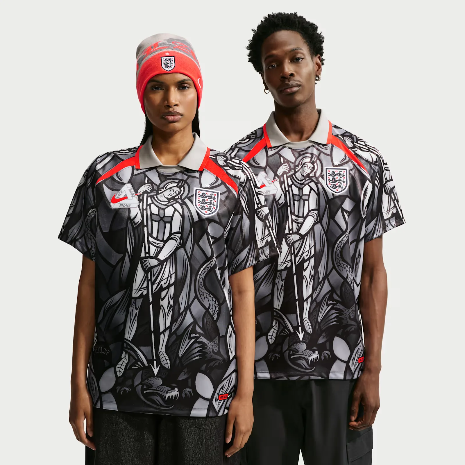 Male and female models wearing a Palace x Nike England World Cup campaign T-shirt.