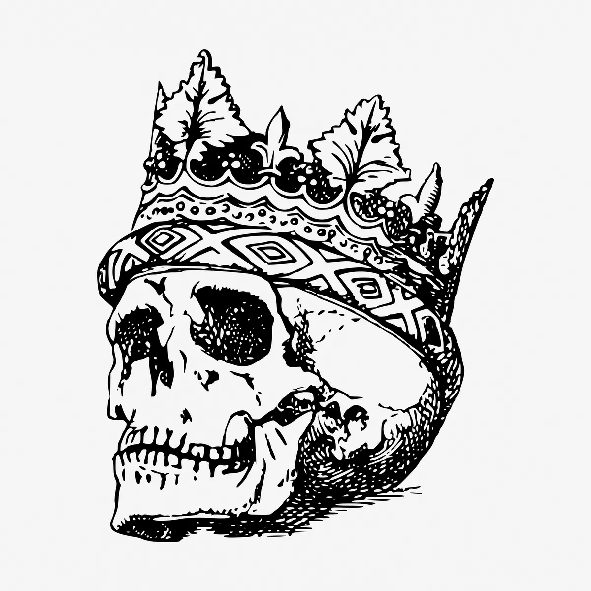 Black-and-white illustration of a human skull wearing an ornate crown.