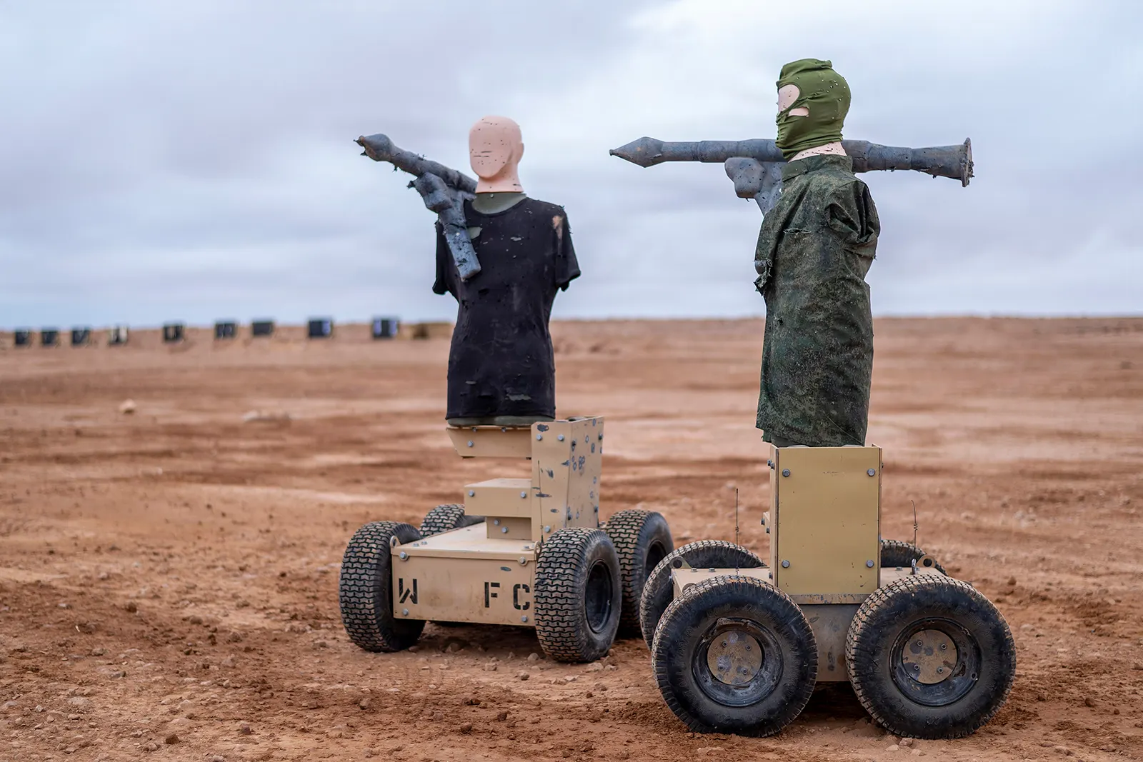 Autonomous target vehicle awaiting launch during a live-fire military exercise in Morocco.