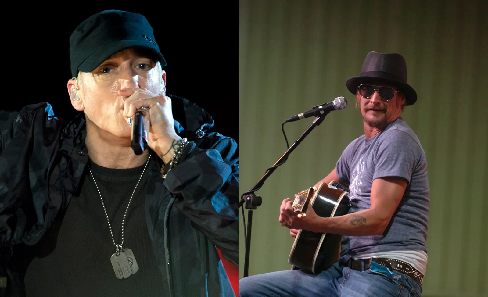 Eminem performing with a microphone alongside Kid Rock playing an acoustic guitar on stage.