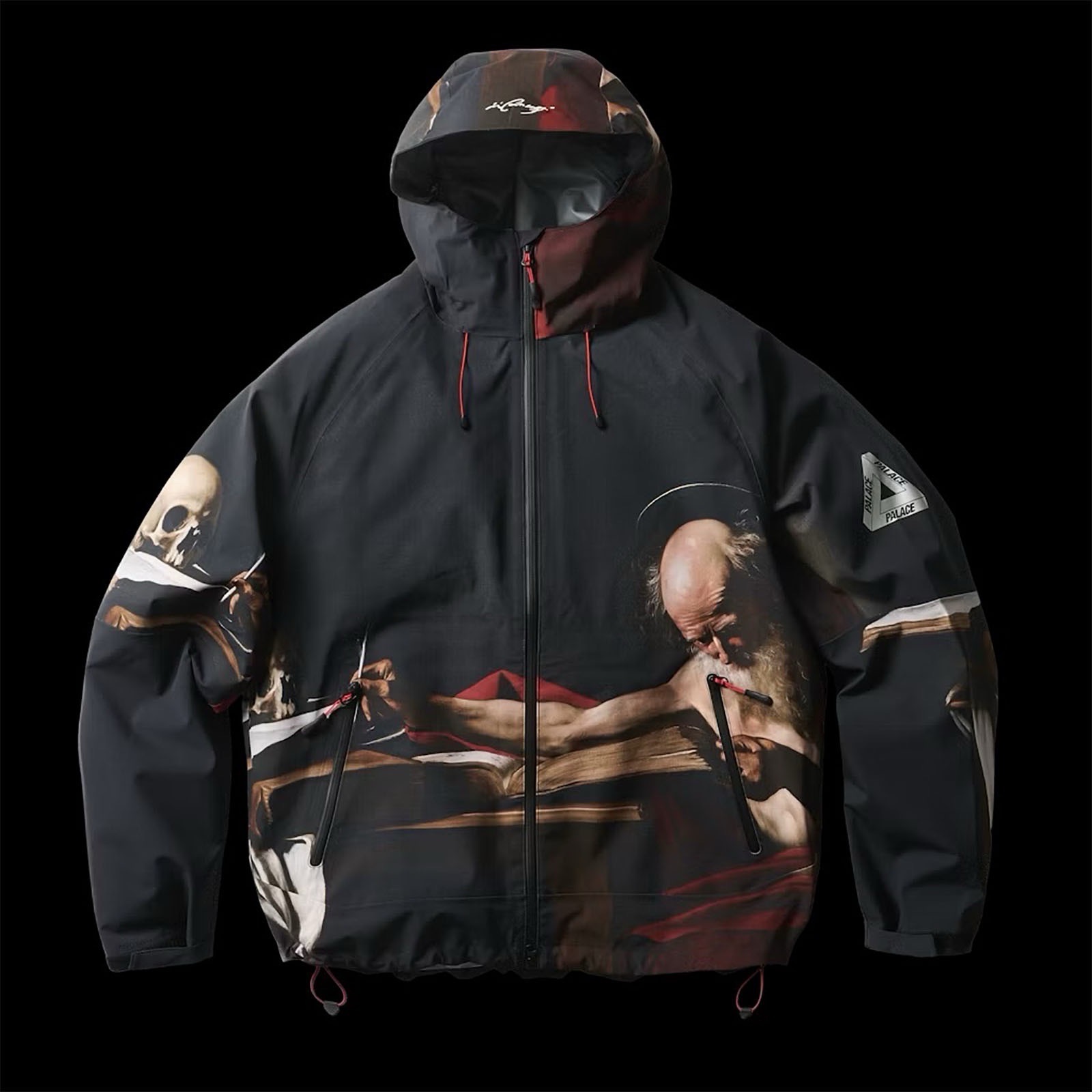 Palace Skateboards Caravaggio Jacket from its Winter 2026 collection, featuring Caravaggio's Saint Jerome Writing artwork printed across a black hooded polyester jacket with red drawcords and Palace branding.
