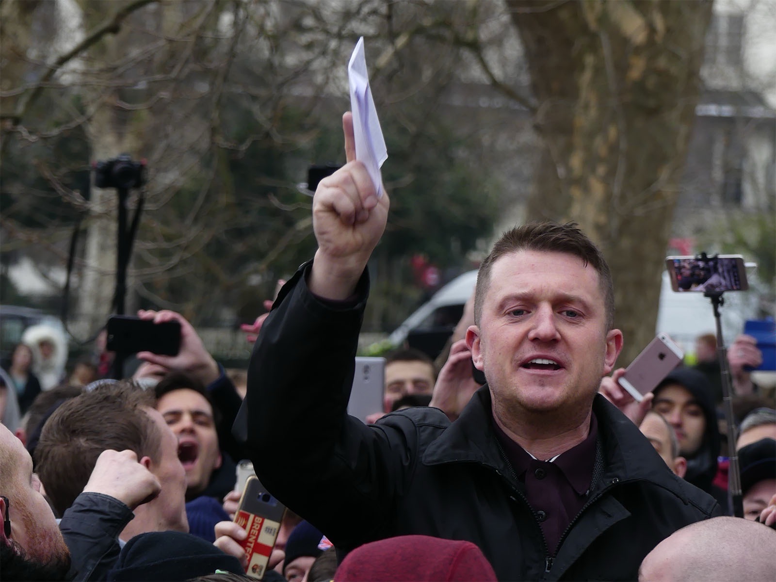 Tommy Robinson, the far-right activist whose real name is Stephen Yaxley-Lennon, at Speakers’ Corner in London on 18 March 2018.